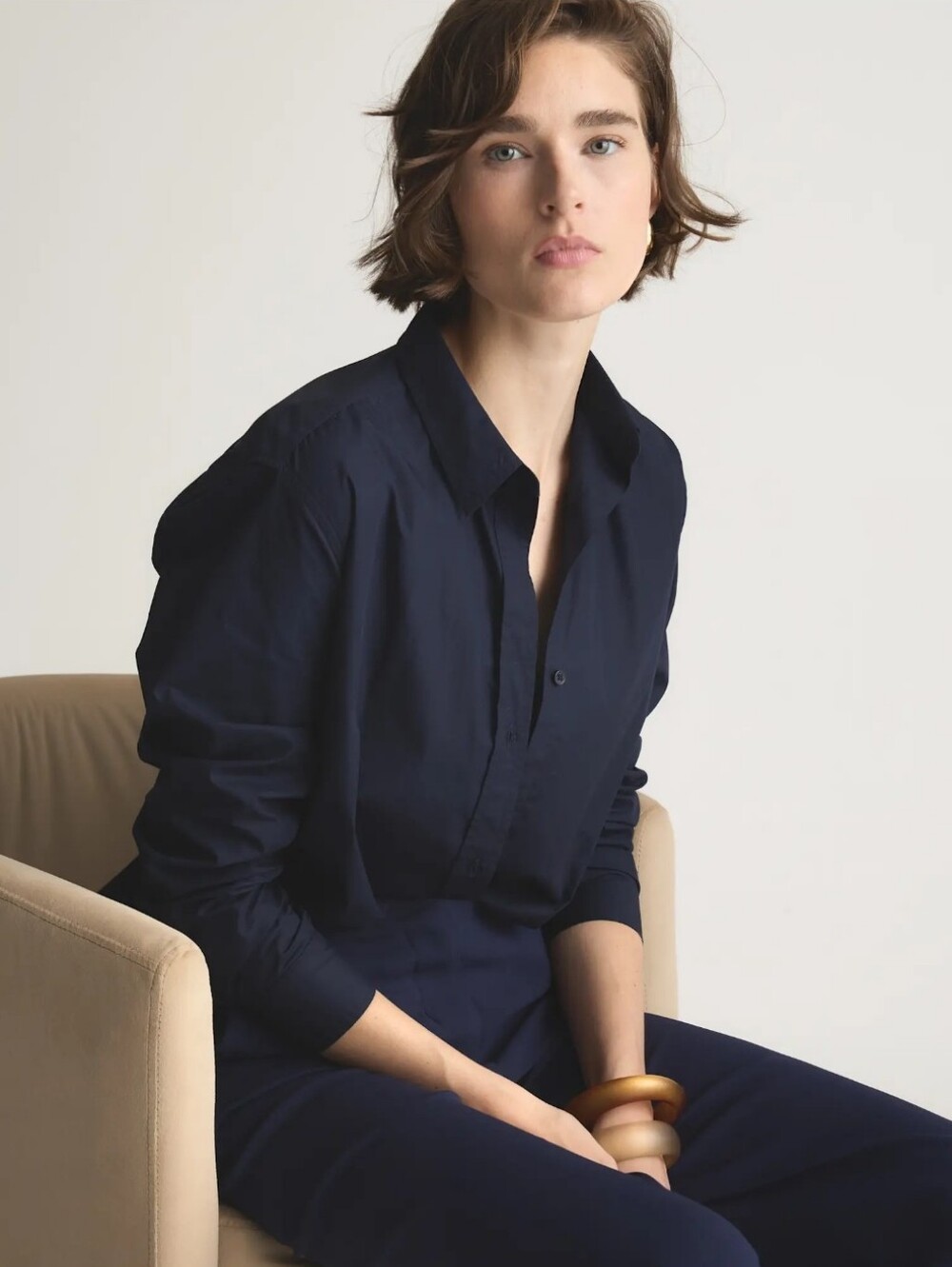 Quince Poplin Long Sleeve Navy Shirt - L
